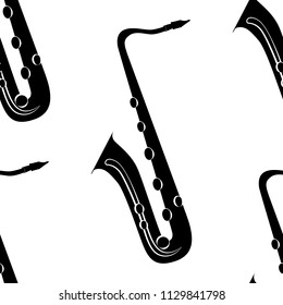 Jazz concept. Saxophone. Seamless pattern. Black elements White background