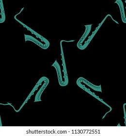 Jazz concept. Saxophone. Seamless pattern. Green elements. Black background Rotate 45 degrees