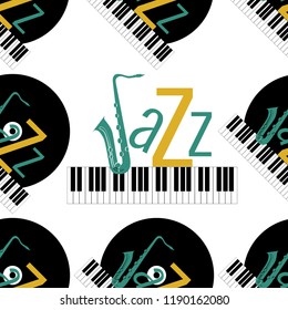 Jazz concept. Vinyl record, piano keyboard and the word Jazz. Letter J - saxophone. Seamless pattern. Muffled green, ocher, black elements. White background