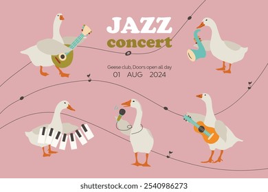 Banner de concerto de jazz com gansos da música. Engraçado design criativo do folheto com pássaros bonitos e instrumentos musicais para a publicidade no vetor
