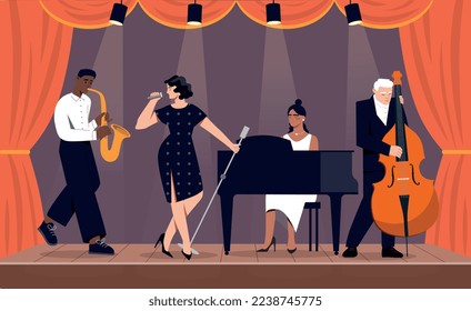 Jazz concert concept. Women with microphone and men with musical instruments on stage. Pianist, saxophonist, vocalist and cellist. Musicians performing, show. Cartoon flat vector illustration