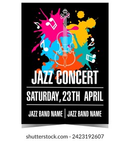 Jazz concert or festival invitation template with elegant violoncello and musical notes on colourful blots, dots and splashes background. Vector handout, cover, banner, poster, leaflet or flyer.