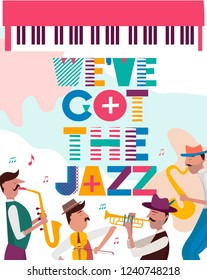 Jazz concert or festival poster template with characters playing musical instruments. Editable vector illustration