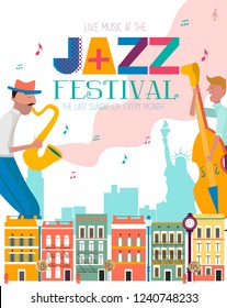 Jazz concert or festival poster template with New York landscape and characters playing musical instruments. Editable vector illustration