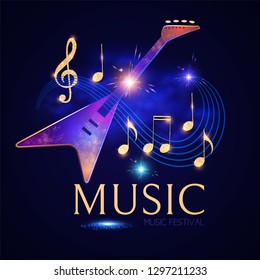 Jazz Concert. Guitar, Notes and Swirling Stave with Light Effects. Vector illustration