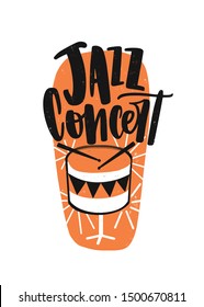 Jazz concert hand drawn lettering. Drum with drumsticks illustration. Drummer instrument vector drawing with typography. Entertainment show, music festival creative logo, design element.