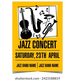 Jazz concert invitation poster or banner with a saxophone and other musical instruments. Vector design template of leaflet or flyer for music festival, live instrumental session or cultural show.