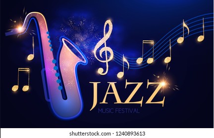 Jazz Concert. Music Design Element with Saxophone, Notes and Swirling Stave with Light Effects. Vector illustration