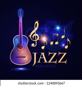 Jazz Concert. Music Design Element with Guitar, Notes and Swirling Stave with Light Effects. Vector illustration