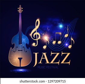 Jazz Concert. Music Design Element with Double Bass, Notes and Swirling Stave with Light Effects.. Vector illustration