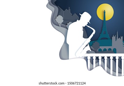 Jazz Concert Or Music Festival Poster Design Template, Vector Illustration In Paper Art Craft Style. Musician Playing Saxophone Silhouette.