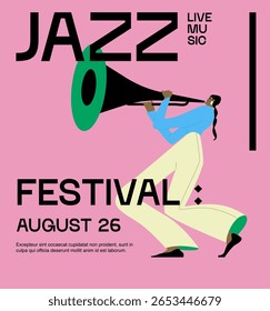 Jazz concert, cartaz de festival de música. Design de folheto de publicidade, cartão promocional para desempenho ao vivo. Modelo de banner promocional de publicidade vertical, músico tocando trompete. Ilustração de vetor plano.
