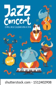 Jazz concert music poster design with cartoon animals playing music instruments