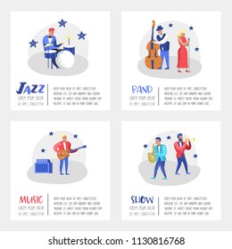 Jazz Concert Poster, Banner. Music Characters, Musical Instruments, Musicians and Singer Artists. Contrabassist, drummer, saxophonist, guitarist. Vector illustration