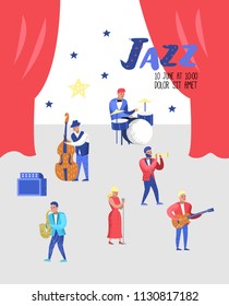 Jazz Concert Poster, Banner. Music Characters, Musical Instruments, Musicians and Singer Artists. Contrabassist, drummer, saxophonist, guitarist. Vector illustration