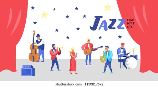 Jazz Concert Poster, Banner. Music Characters, Musical Instruments, Musicians and Singer Artists. Contrabassist, drummer, saxophonist, guitarist. Vector illustration