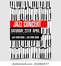 Jazz concert poster or banner template. Vector booklet, leaflet or invitation flyer with piano keys on the background suitable for live music show, festival or instrumental performance event.