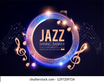 Jazz Concert Poster Template with Guitar, Shining notes and Banner with Lights. Music Event. Vector illustration