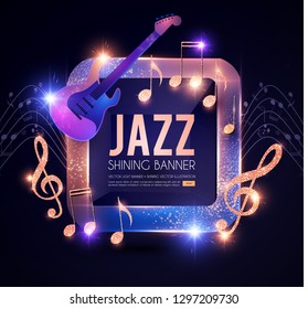 Jazz Concert Poster Template With Guitar, Shining Notes And Banner With Lights. Music Event. Vector Illustration