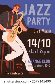 Jazz concert poster template. Music party, ad flyer design, promotion card, banner with live saxophone player performing. Advertising promo placard with sax musician. Flat vector illustration