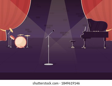 Jazz Concert Preparation Flat Color Vector Illustration. Live Stage Performance. Nightlife Entertainment Show. Empty Music Hall 2D Cartoon Interior With Musical Instruments On Background