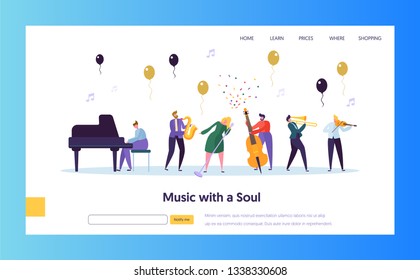 Jazz Concert Show Concept Landing Page. Musician Character with Musical Instrument Saxophone Piano Violin Trumpet. Jazz Band Website or Web Page. Flat Cartoon Vector Illustration