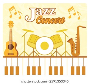 Jazz concert theme, highlighting a guitar, drum set, saxophone, and musical notes, arranged on a piano background. Ideal for music, entertainment, and artistic design projects. 