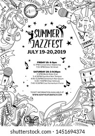 Jazz concert vector poster template. Classical music awards ceremony flyer layout. Live performance, show, summer festival information brochure with text space. Microphone, trumpet, drum line art