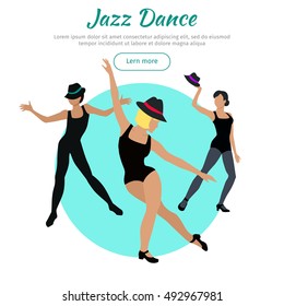 Jazz dance concept web banner. Jazz flat style vector. Three women in tights, shirts and hats dancing jazz. Contemporary choreography. Dancing school, party, cultural event, festival design