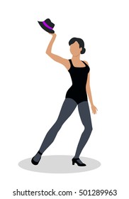 Jazz dancer in black tights launches with a hat. Dance to jazz music, including both tap dance and jitterbug. Graceful girl dance in tight cloth. Culture and entertainment. Vector illustration