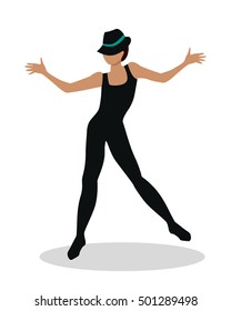 Jazz dancer in hat and long black suit. Tap Dance, Jitterbug, Swing dance, Lindy Hop, Modern jazz dance. Person entertain public on the fashion show at musical party. Fashion event. Vector