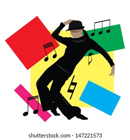Jazz dancer in the move, surrounded by some music notes.