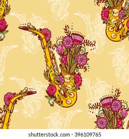 Jazz Day. Drawn by hand with flowers saxophone. Doodle, pattern, original., pattern Stylish hippie image for the poster and design.