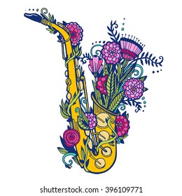 Jazz Day. Drawn by hand with flowers saxophone. Doodle, pattern, original. Stylish hippie image for the poster and design.