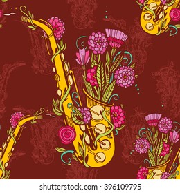 Jazz Day. Drawn by hand with flowers saxophone. Doodle, pattern, original., pattern Stylish hippie image for the poster and design.