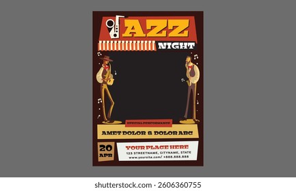 Jazz Day Flyer. Music festival.Vector illustrations of musicians, people and musical instruments: drums, cello, synthesizer, tape recorder for poster, flyer or background
