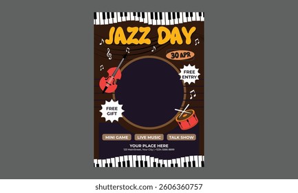 Jazz Day Flyer. Music festival.Vector illustrations of musicians, people and musical instruments: drums, cello, synthesizer, tape recorder for poster, flyer or background
