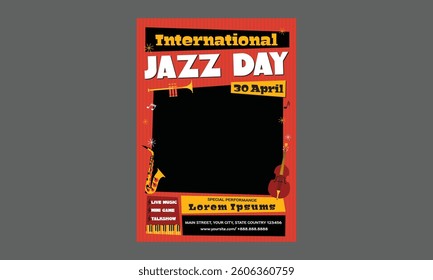 Jazz Day Flyer. Music festival.Vector illustrations of musicians, people and musical instruments: drums, cello, synthesizer, tape recorder for poster, flyer or background
