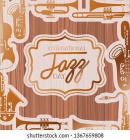 jazz day frame with instruments and wooden background