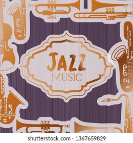 jazz day frame with instruments and wooden background