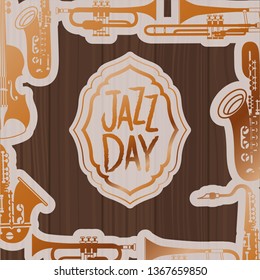 jazz day frame with instruments and wooden background