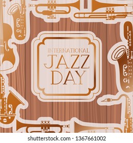 jazz day frame with instruments and wooden background