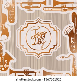jazz day frame with instruments and wooden background