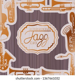 jazz day frame with instruments and wooden background