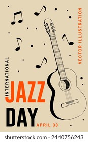 Jazz Day. Poster background template for music festival. Classical wooden guitar event flyer design. April 30. International Jazz Day Celebration. Vector illustration.