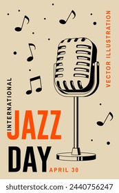 Jazz Day. Poster background template for music festival. Classical Retro style microphone event flyer design. April 30. International Jazz Day Celebration. Vector illustration.