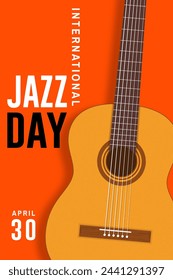 Día del Jazz. Plantilla de fondo de póster para festival de música. Diseño de flyer de eventos de guitarra de madera clásica. 30 de abril. Celebración del Día Internacional del Jazz Ilustración vectorial.