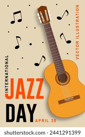 Jazz Day. Poster background template for music festival. Classical wooden guitar event flyer design. April 30. International Jazz Day Celebration. Vector illustration.