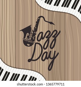 jazz day poster with piano keyboard and saxophone