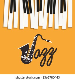 jazz day poster with piano keyboard and saxophone